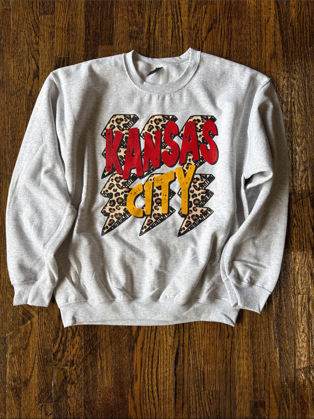 Gildan Light Gray Crewneck Sweatshirt with Red & Yellow Kansas City Graphic